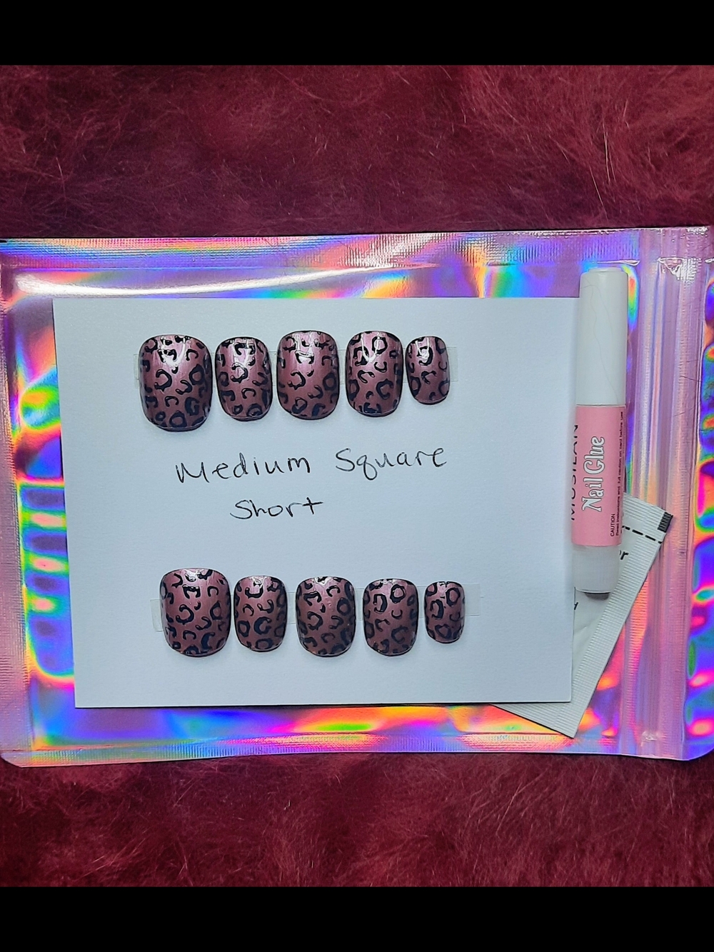 Press-On Medium Square Short Nails in Mauve Leopard Print